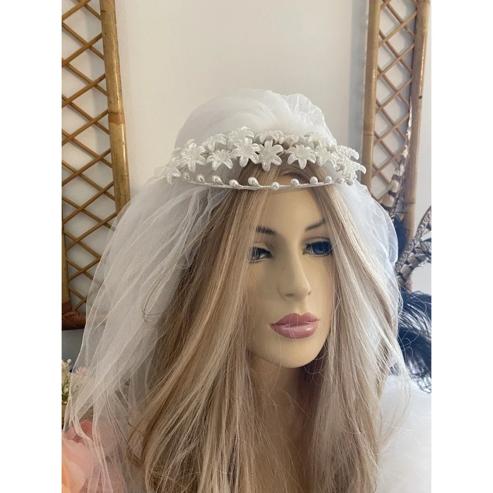 Vintage‎ Floral Beaded Pearl Embellished Wedding Crown Headband Pearlescent EUC
